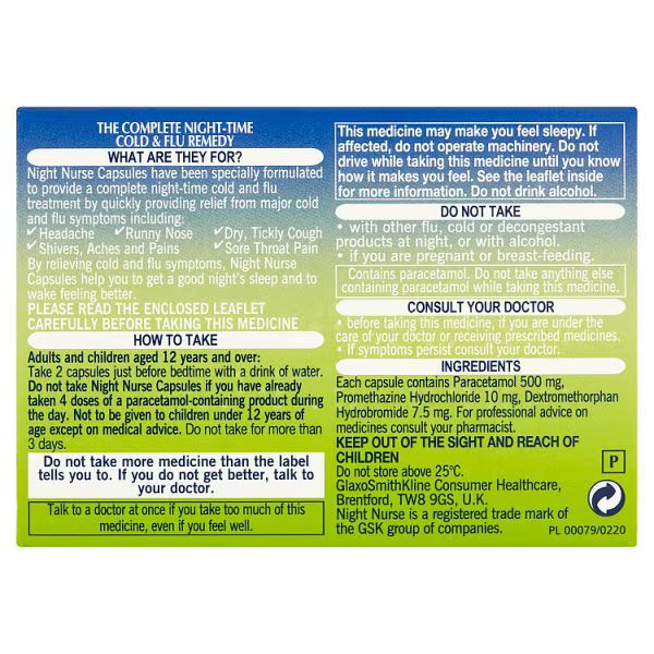 Night Nurse cold flu relief capsules 10-count, imported from the UK