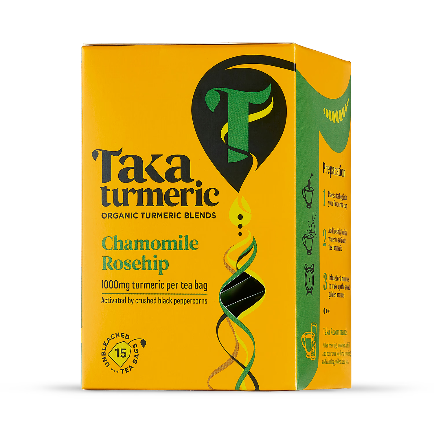 Taka Turmeric chamomile rosehip tea bags 15 pack, imported from the UK