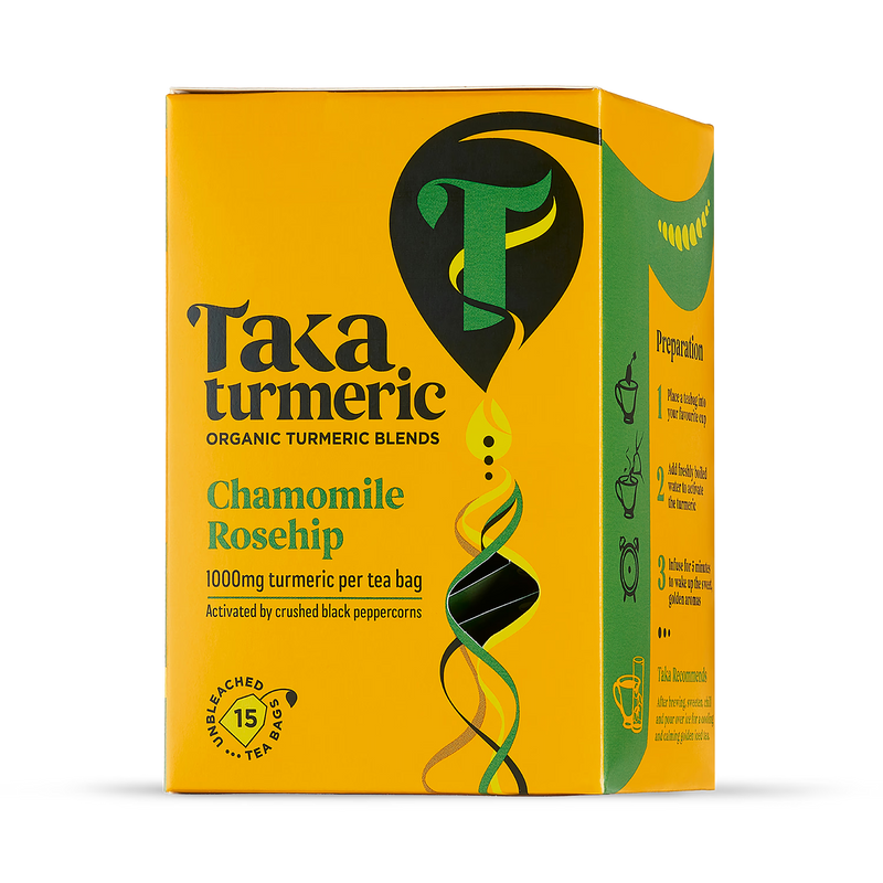 Taka Turmeric chamomile rosehip tea bags 15 pack, imported from the UK