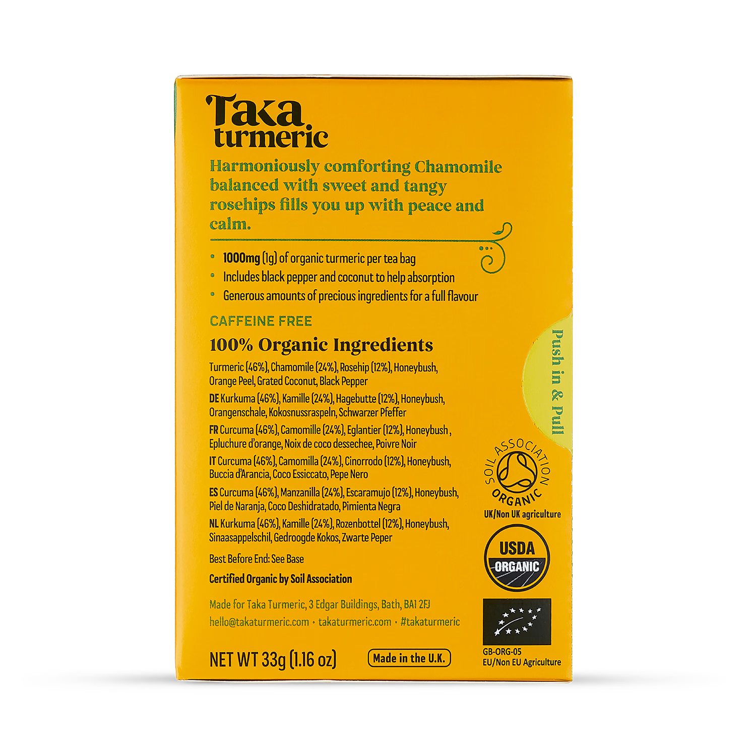 Taka Turmeric chamomile rosehip tea bags 15 pack, imported from the UK