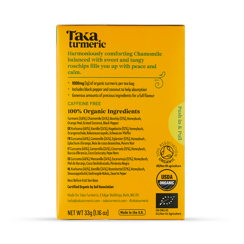 Taka Turmeric chamomile rosehip tea bags 15 pack, imported from the UK