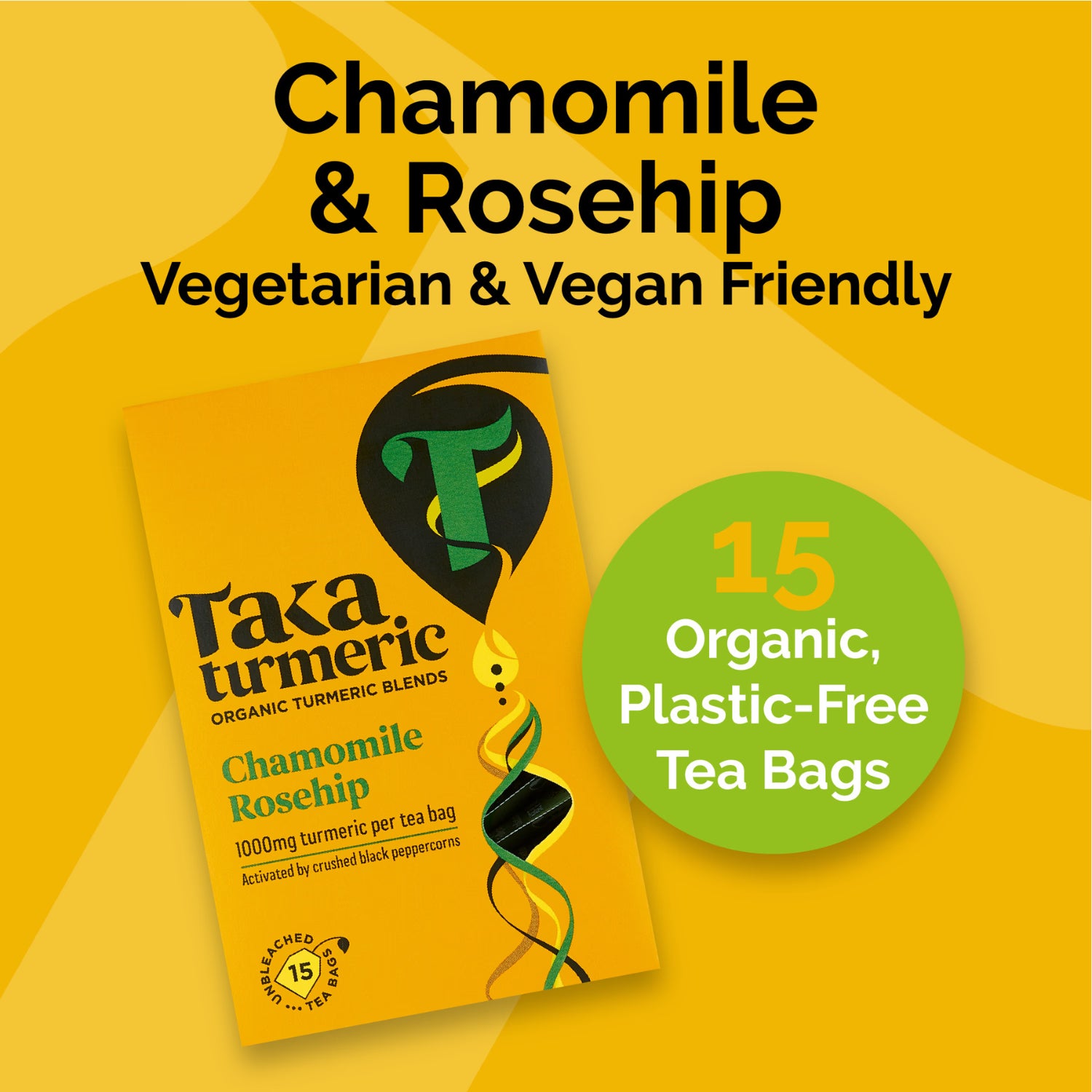 Taka Turmeric chamomile rosehip tea bags 15 pack, imported from the UK