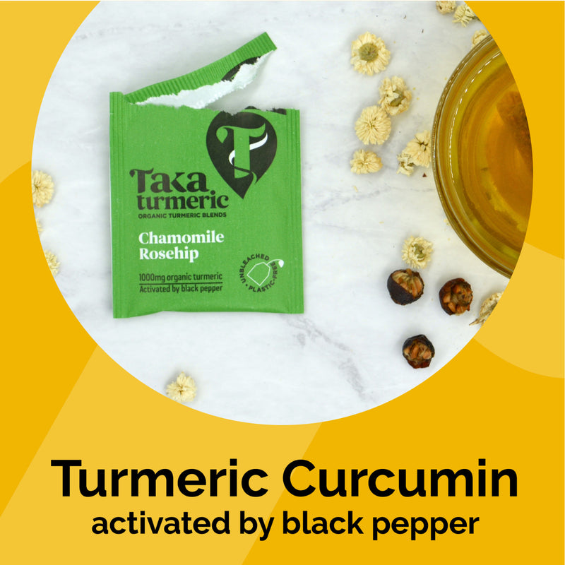 Taka Turmeric chamomile rosehip tea bags 15 pack, imported from the UK