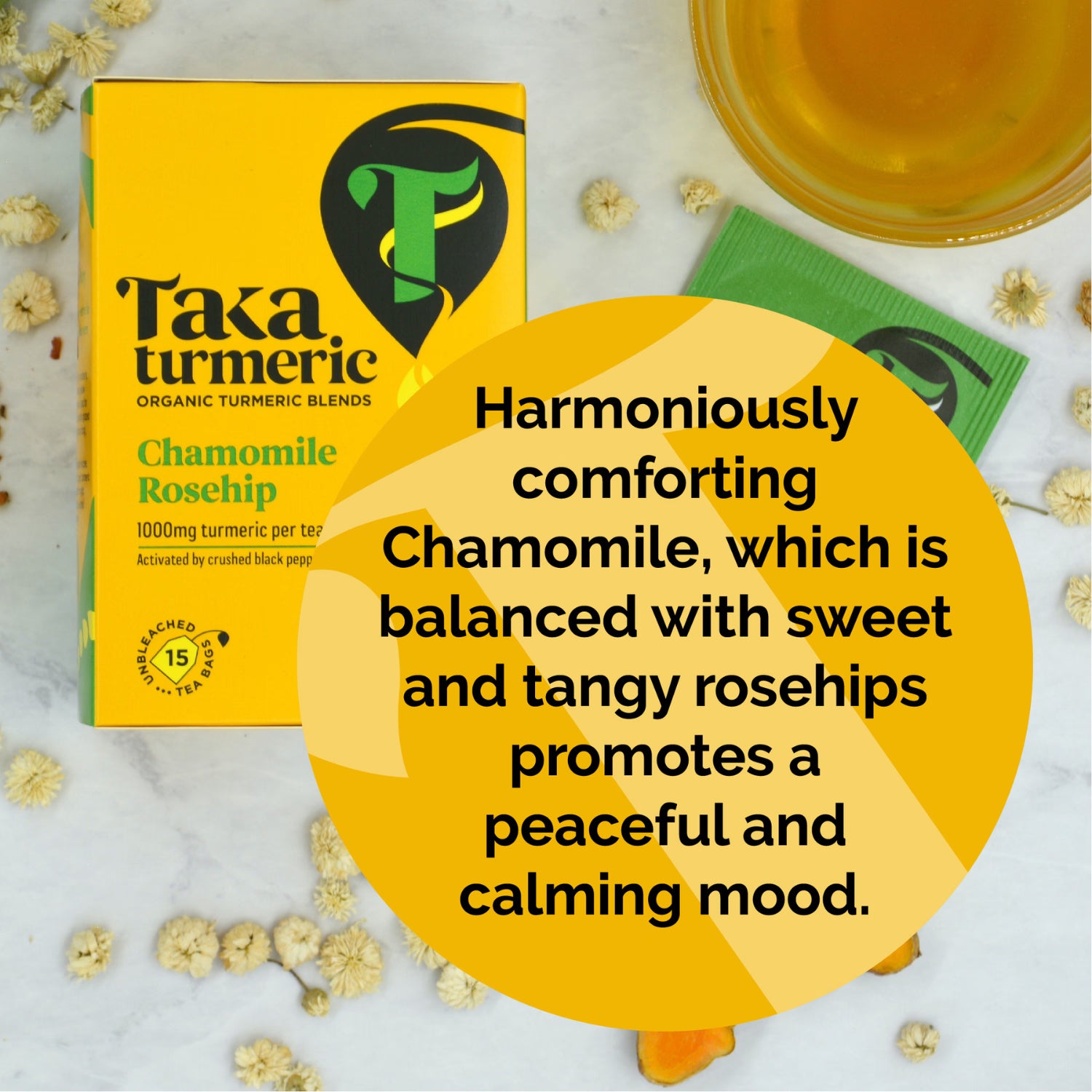 Taka Turmeric chamomile rosehip tea bags 15 pack, imported from the UK