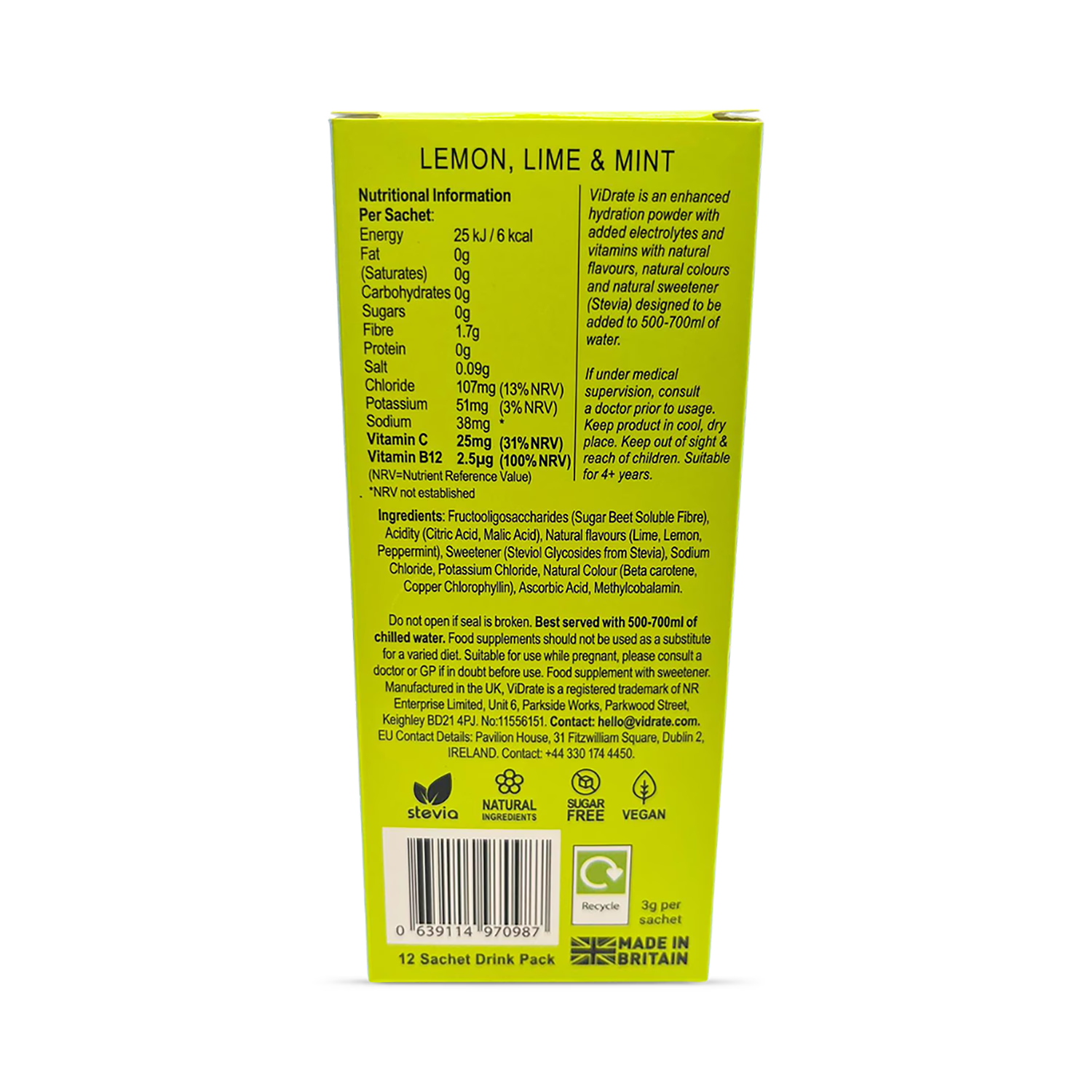 Vidrate Lemon Lime & Mint hydration sachets 12 pack (British brand)