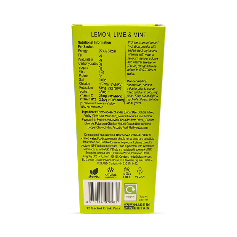 Vidrate Lemon Lime & Mint hydration sachets 12 pack (British brand)