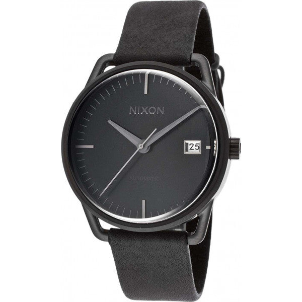 Nixon black mens watch with leather strap and stainless steel casing, UK version