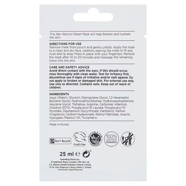 Me+ Retinol Sheet Mask Anti-Ageing imported from the UK