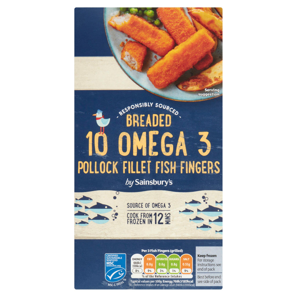 Sainsbury's 10 Breaded Omega 3 Pollock Fillet Fish Fingers 300g