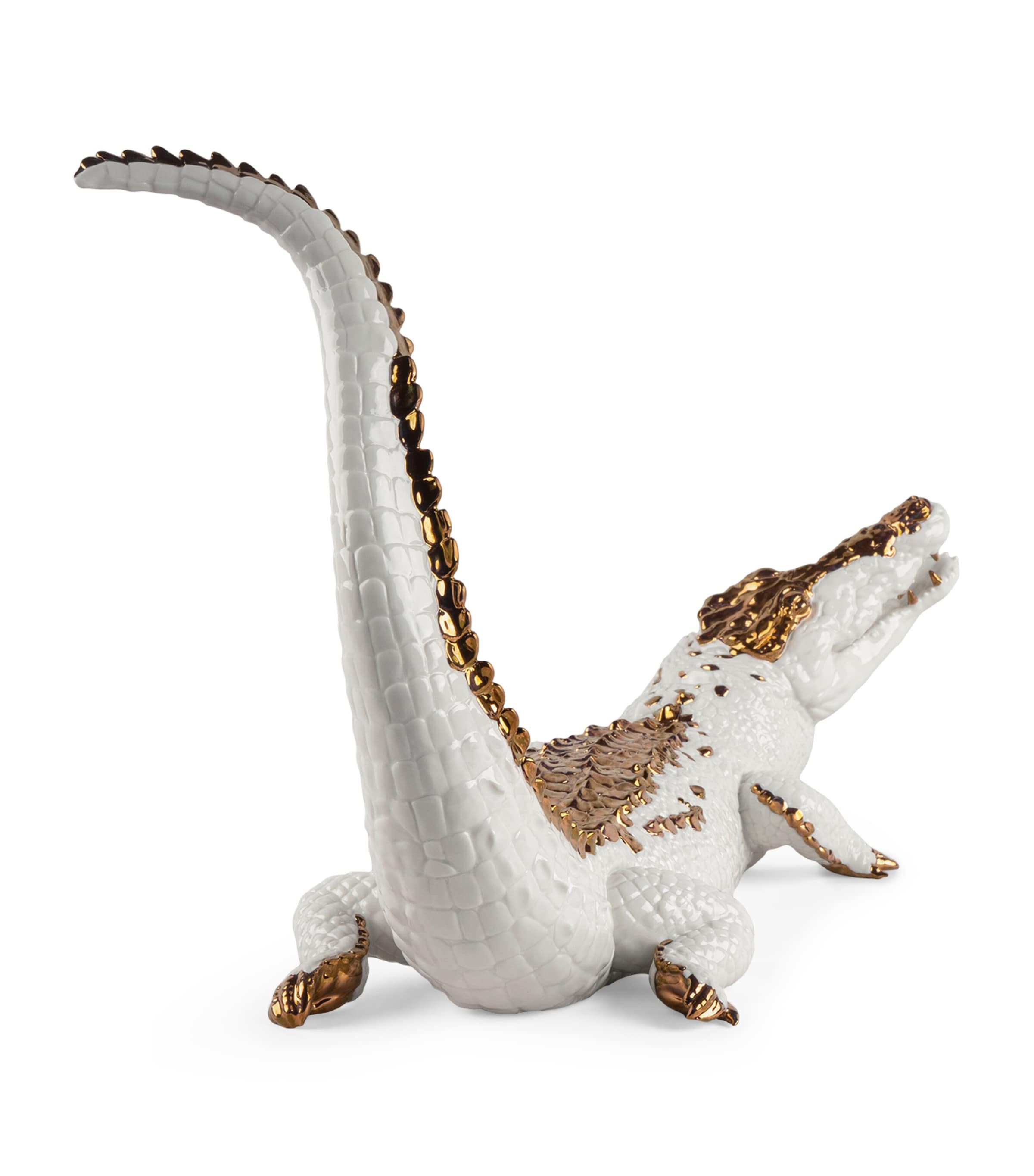 Lladró crocodile figurine white porcelain gold lustre, UK version