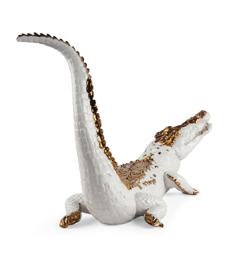 Lladró crocodile figurine white porcelain gold lustre, UK version