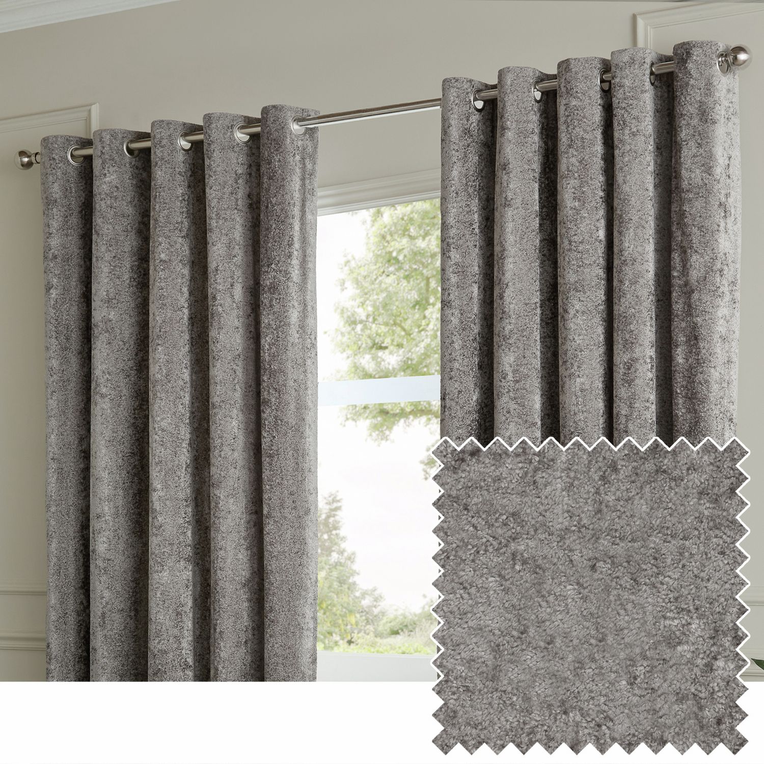Paoletti Lustre Velvet Eyelet Curtains - Pewter - 229x183cm
