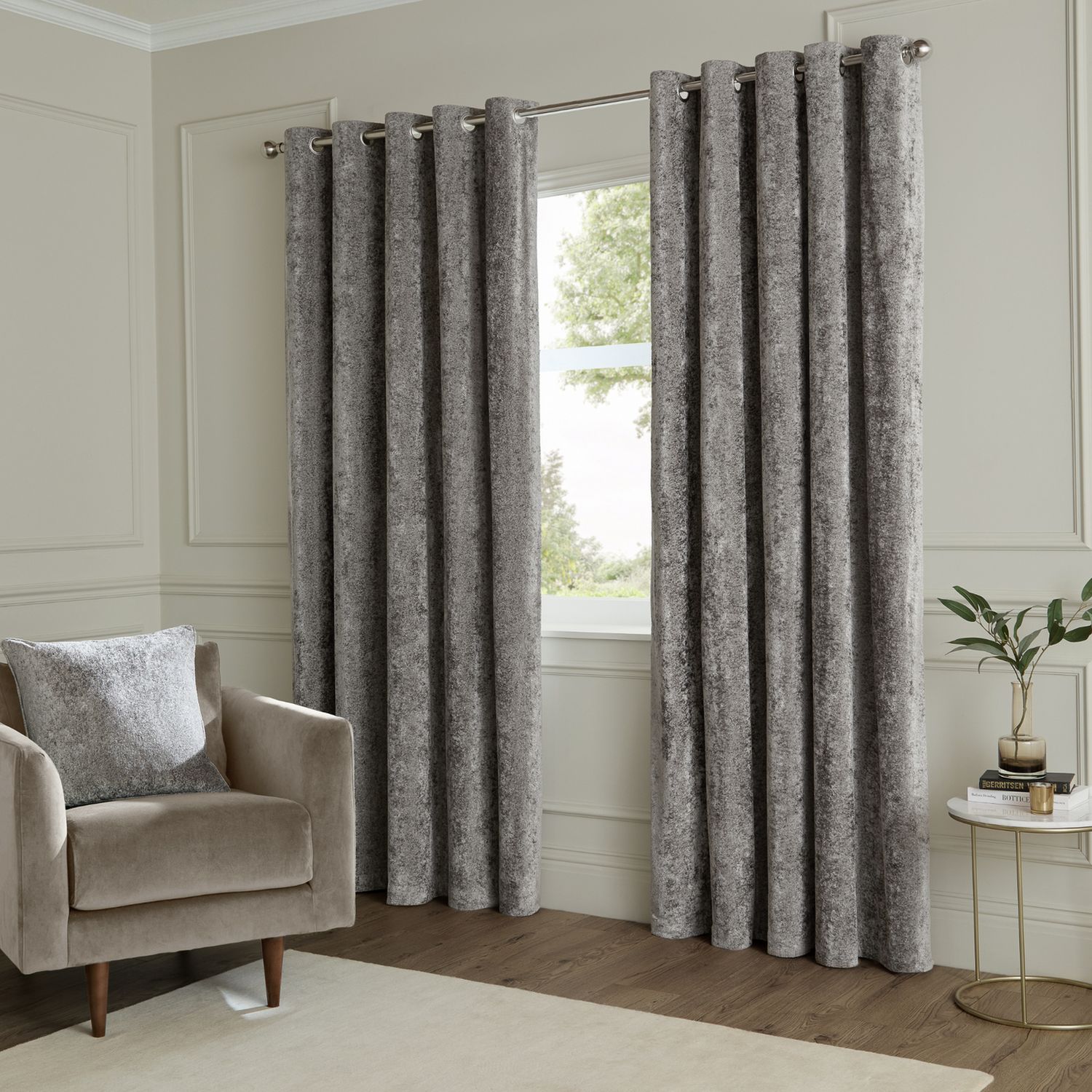 Paoletti Lustre Velvet Eyelet Curtains - Pewter - 229x183cm