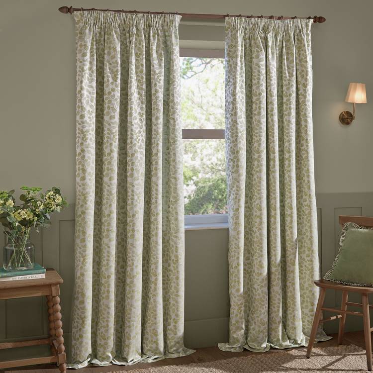 Wylder sage green jacquard leaf curtains 117x137cm, imported from the UK