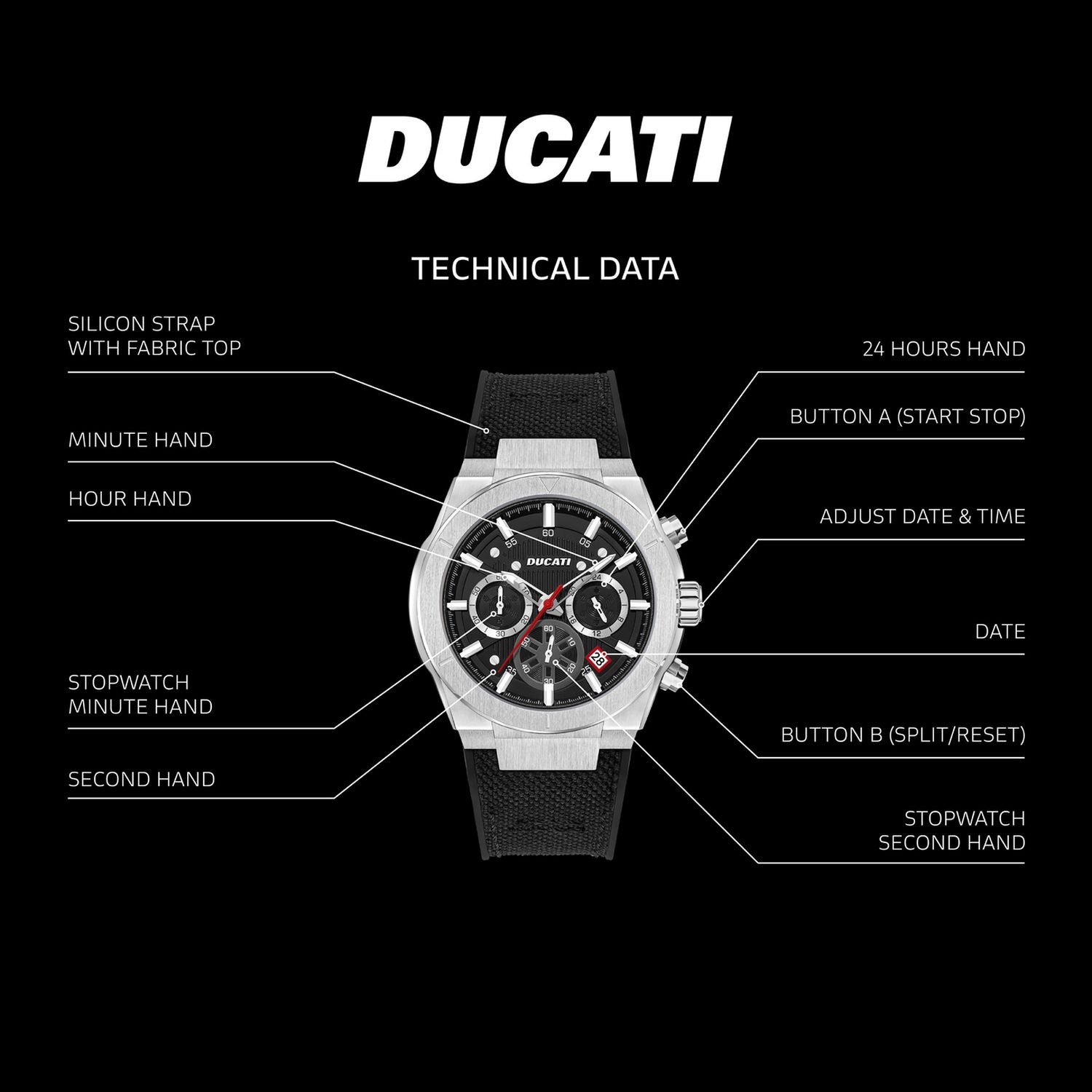 Ducati Supermotos chronograph watch with black leather strap - British product