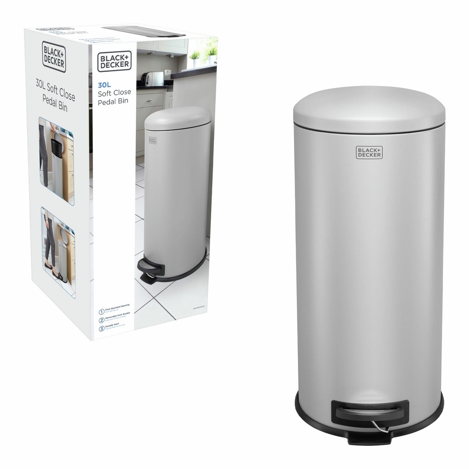 Black+Decker pedal bin grey 30 litre - British product