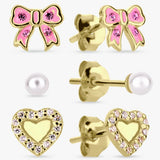 Revere kids gold plated silver bow heart stud earrings set, UK version
