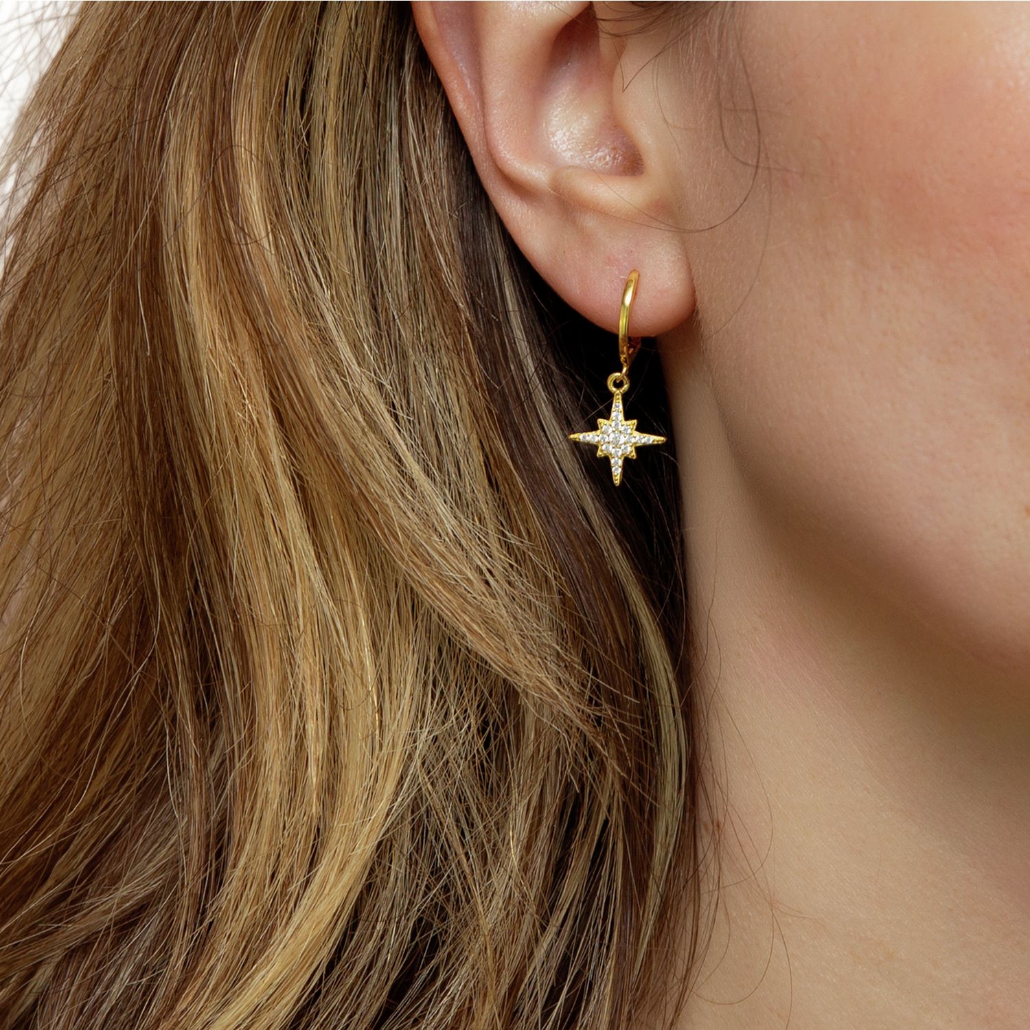 Revere 18ct gold plated sterling silver North Star drop earrings (British brand)