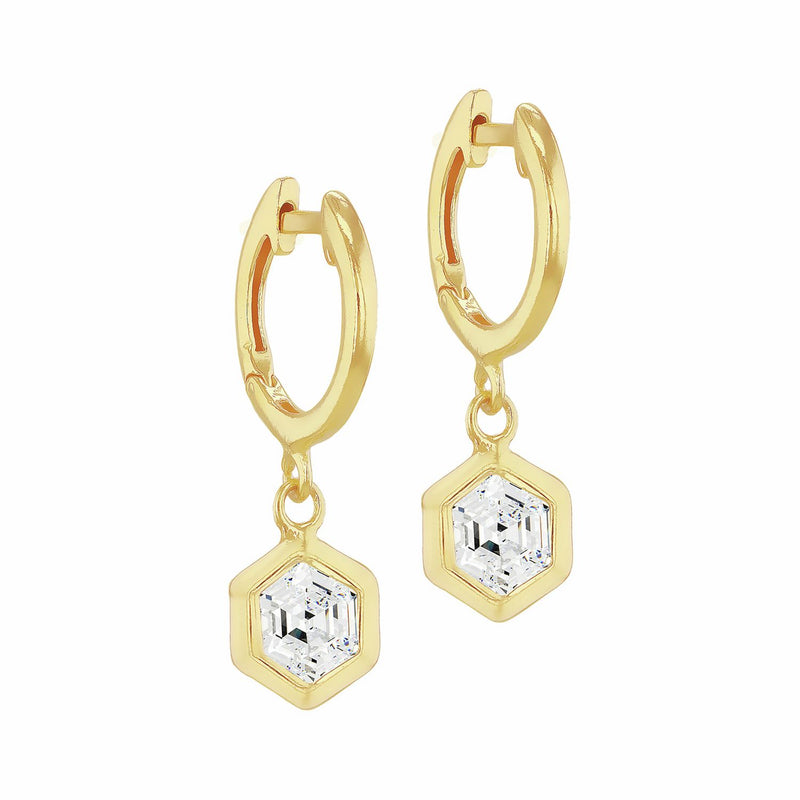 Revere 18ct gold plated sterling silver hexagon huggie earrings, UK version