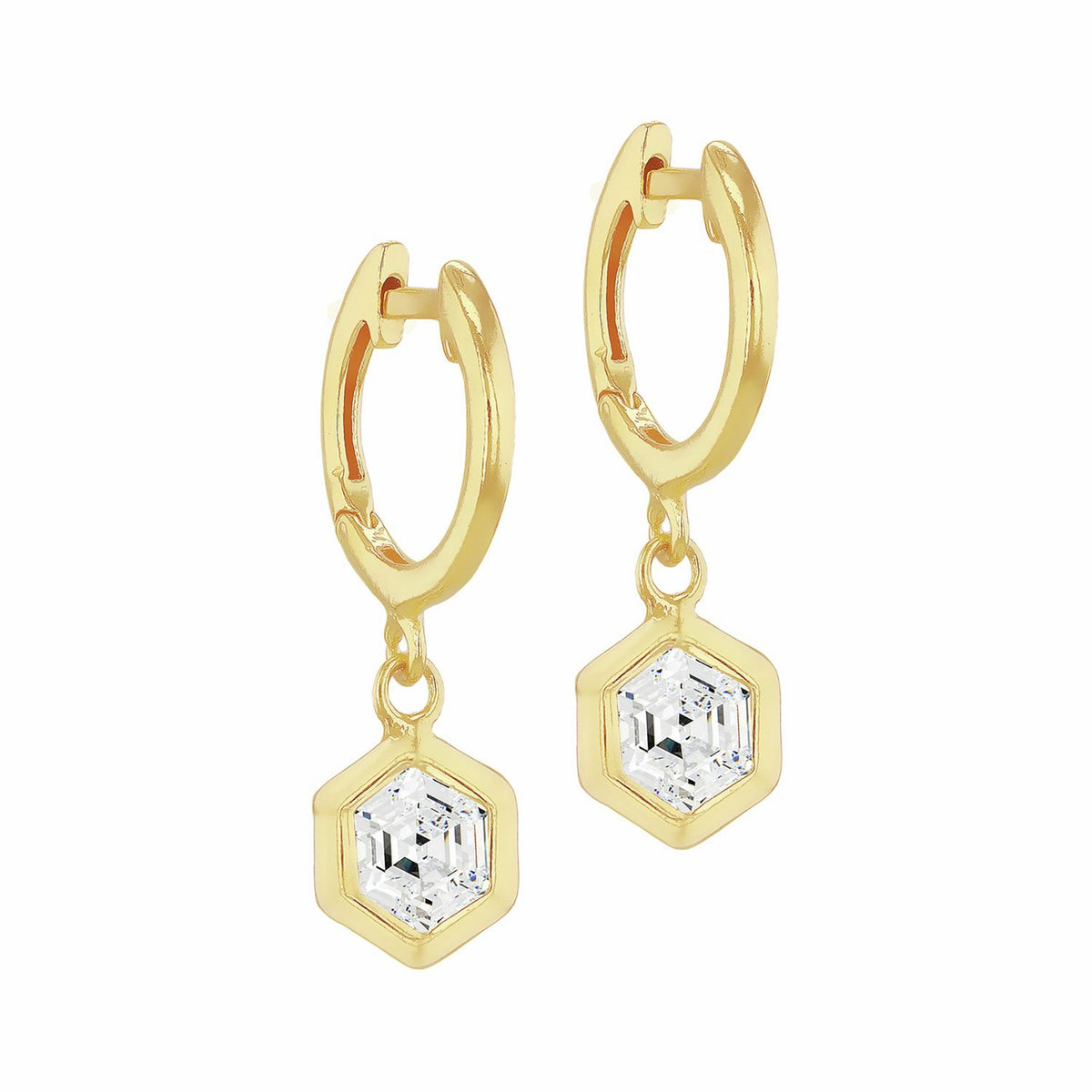 Revere 18ct gold plated sterling silver hexagon huggie earrings, UK version