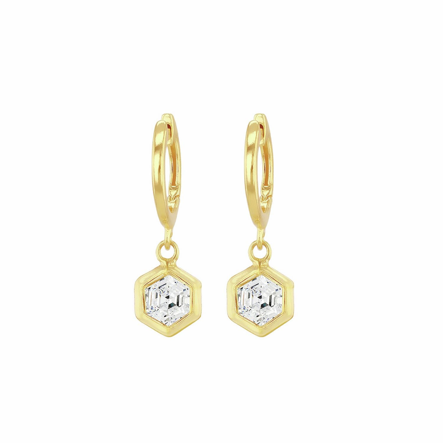 Revere 18ct gold plated sterling silver hexagon huggie earrings, UK version