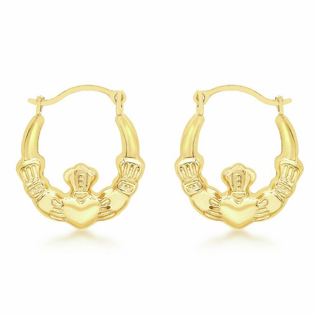 Revere Claddagh creole earrings 9ct gold 14mm (British brand)