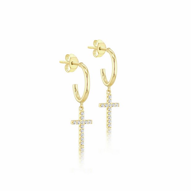 Revere 9ct yellow gold cross drop earrings with cubic zirconia stones (British brand)