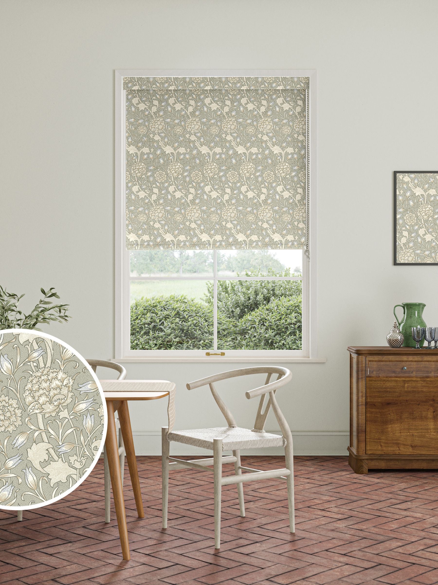 William Morris Wild Tulip roller blind sage green, UK version