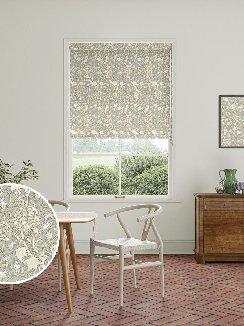 William Morris Wild Tulip roller blind sage green, UK version