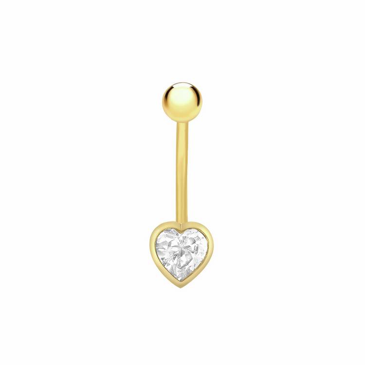 Revere 9ct gold plated belly bar with heart cubic zirconia - British product
