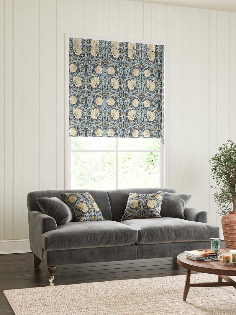 William Morris Pimpernel Indigo blue roller blind, UK version
