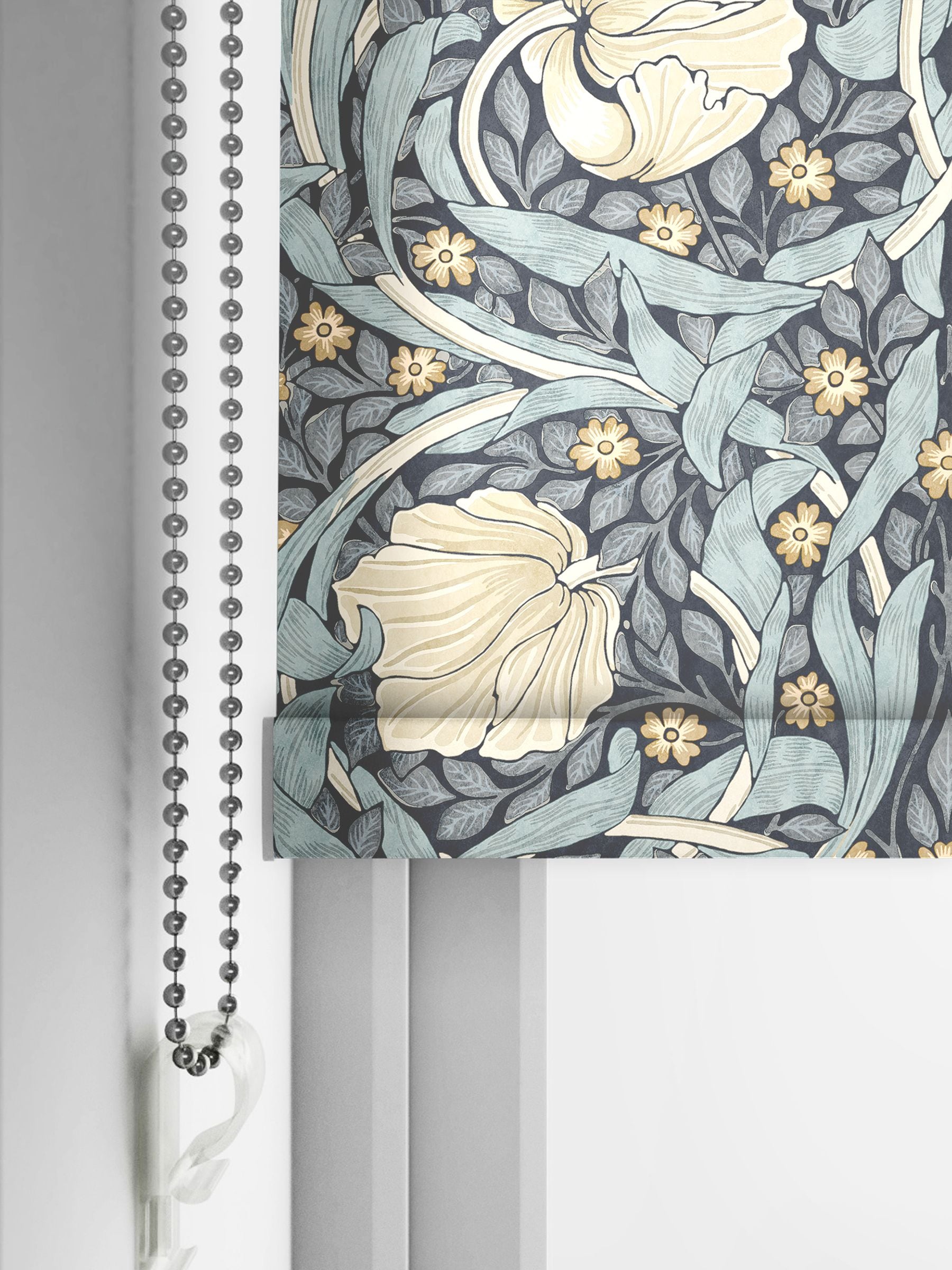 William Morris Pimpernel Indigo blue roller blind, UK version