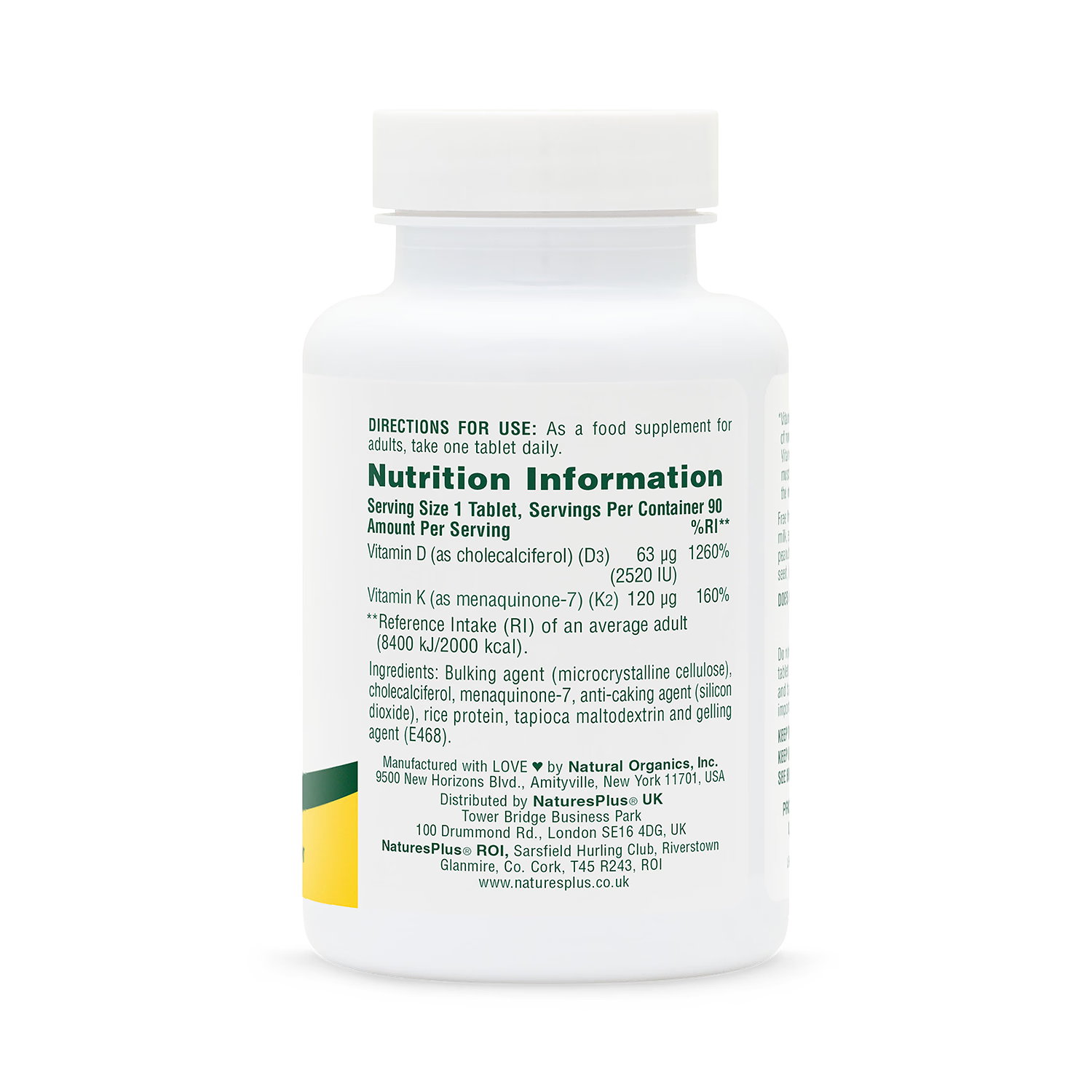 NaturesPlus vitamin D3 and K2 tablets, imported from the UK