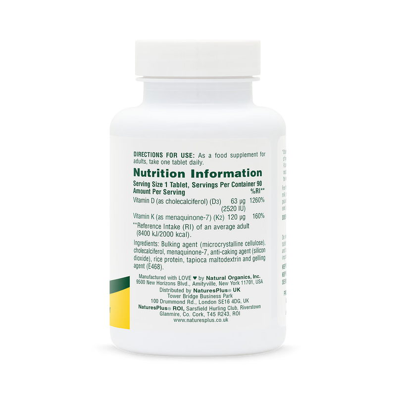 NaturesPlus vitamin D3 and K2 tablets, imported from the UK