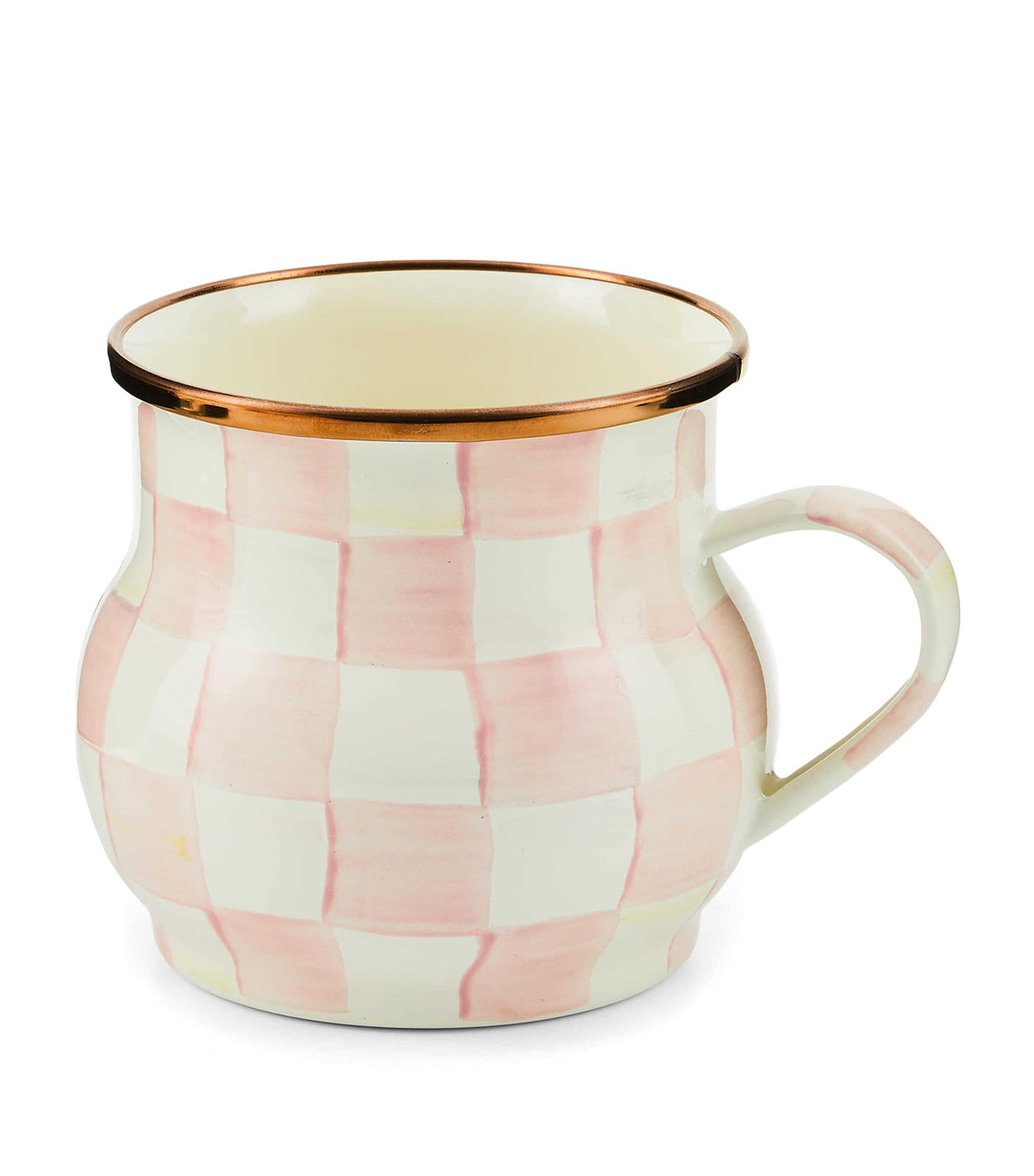 MacKenzie-Childs Rosy Check enamel mug, imported from the UK