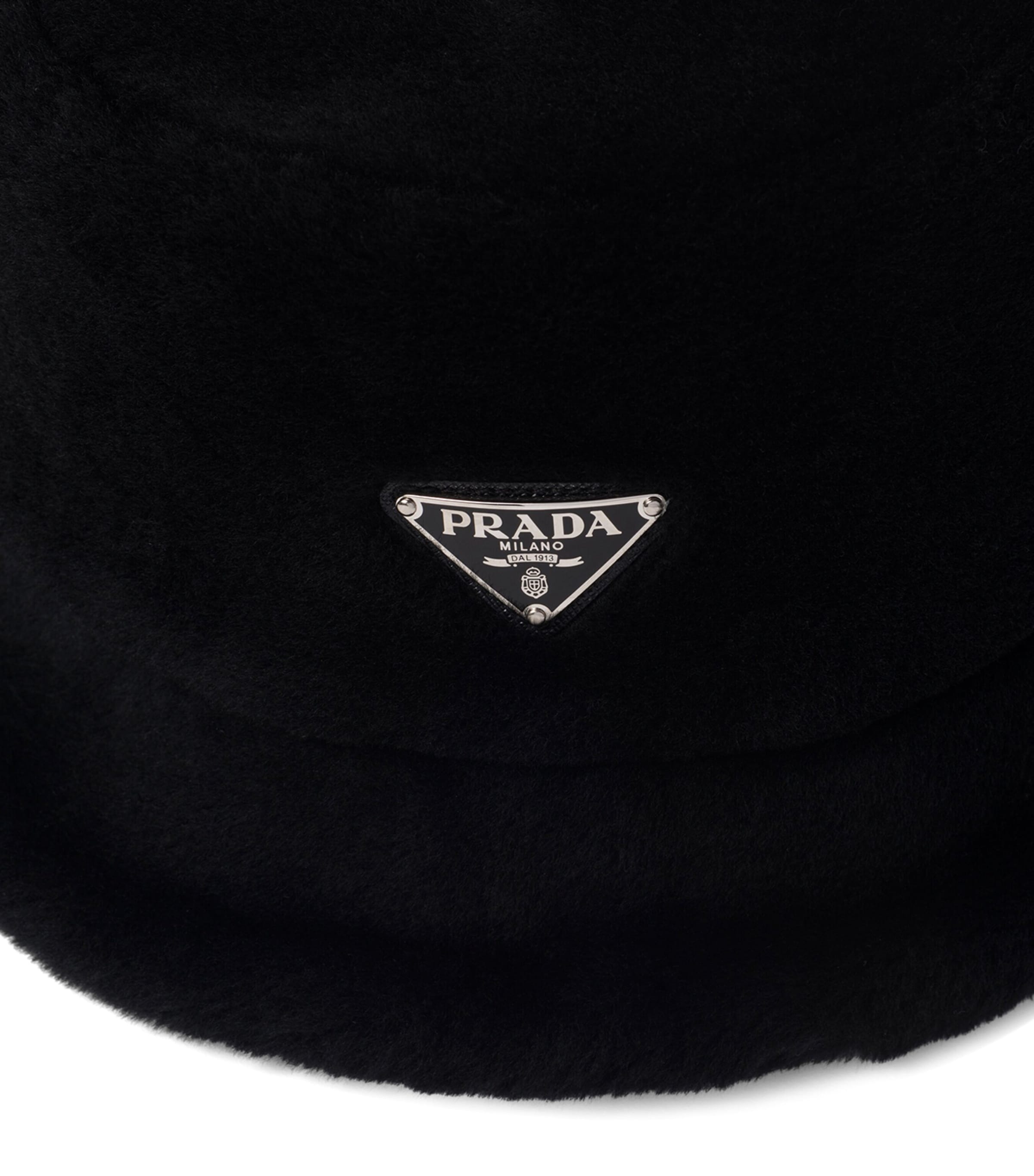 Prada shearling bucket hat with iconic Triangle logo, imported from the UK