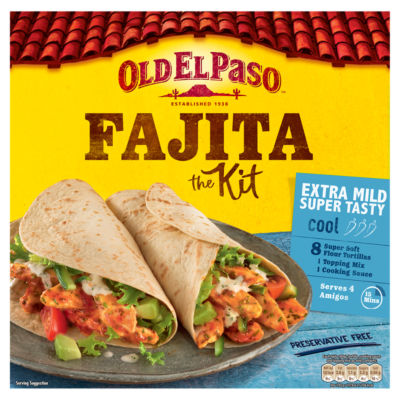Old El Paso fajita kit extra mild 476g, imported from the UK