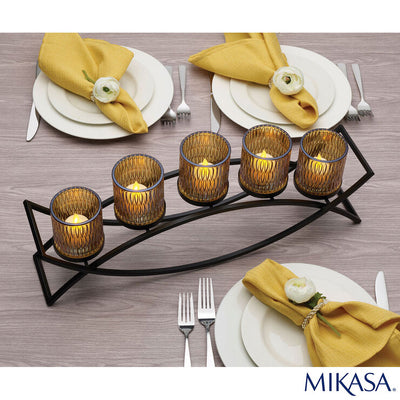 Costco UK Mikasa Double Arch Mittelstück mit 5 Glas-Kerzenhaltern in bernsteinfarbenem Glas - Online bei McGrocer kaufen
