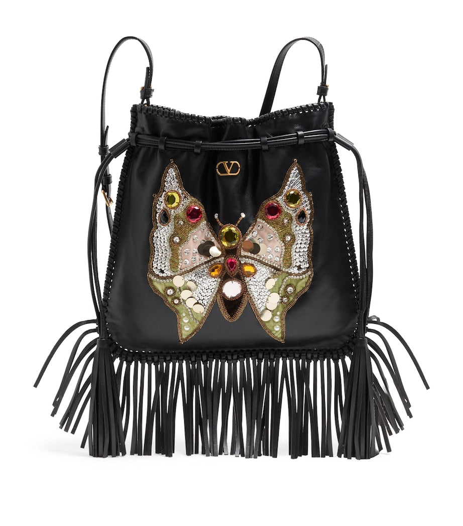 Valentino Garavani Nellcôte lambskin bucket bag with butterfly motif, imported from the UK