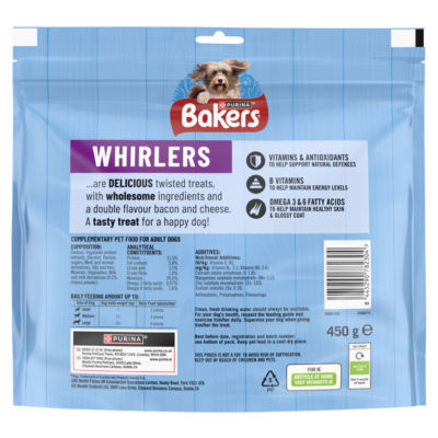 BAKERS Whirlers bacon cheese dog treats 450g, UK version