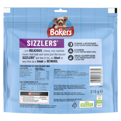 BAKERS Sizzlers bacon dog treats 315g, imported from the UK