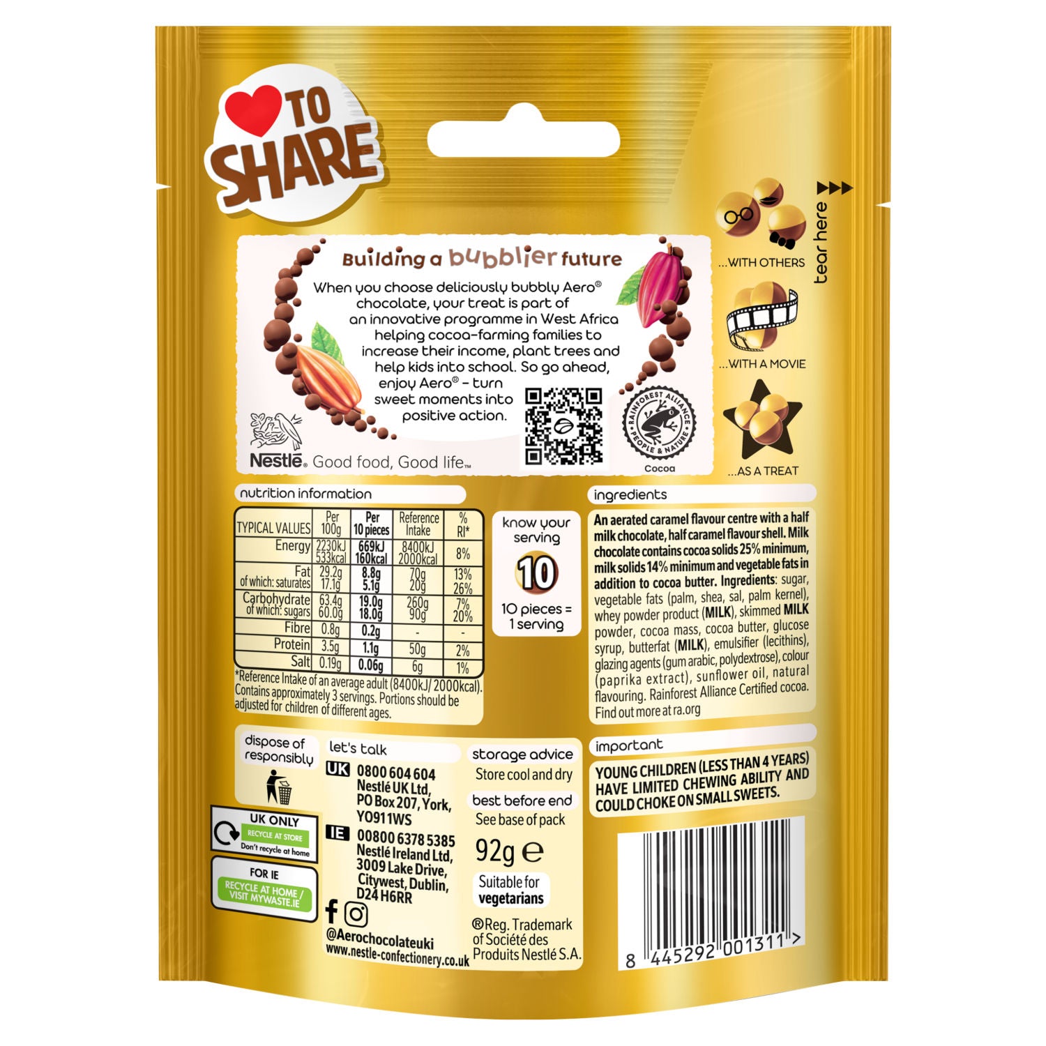 Aero Bubbles Caramel chocolate sharing bag 92g, imported from the UK