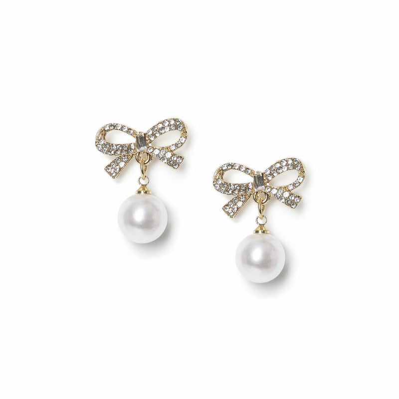 Freedom gold tone crystal bow pearl drop earrings, imported from the UK