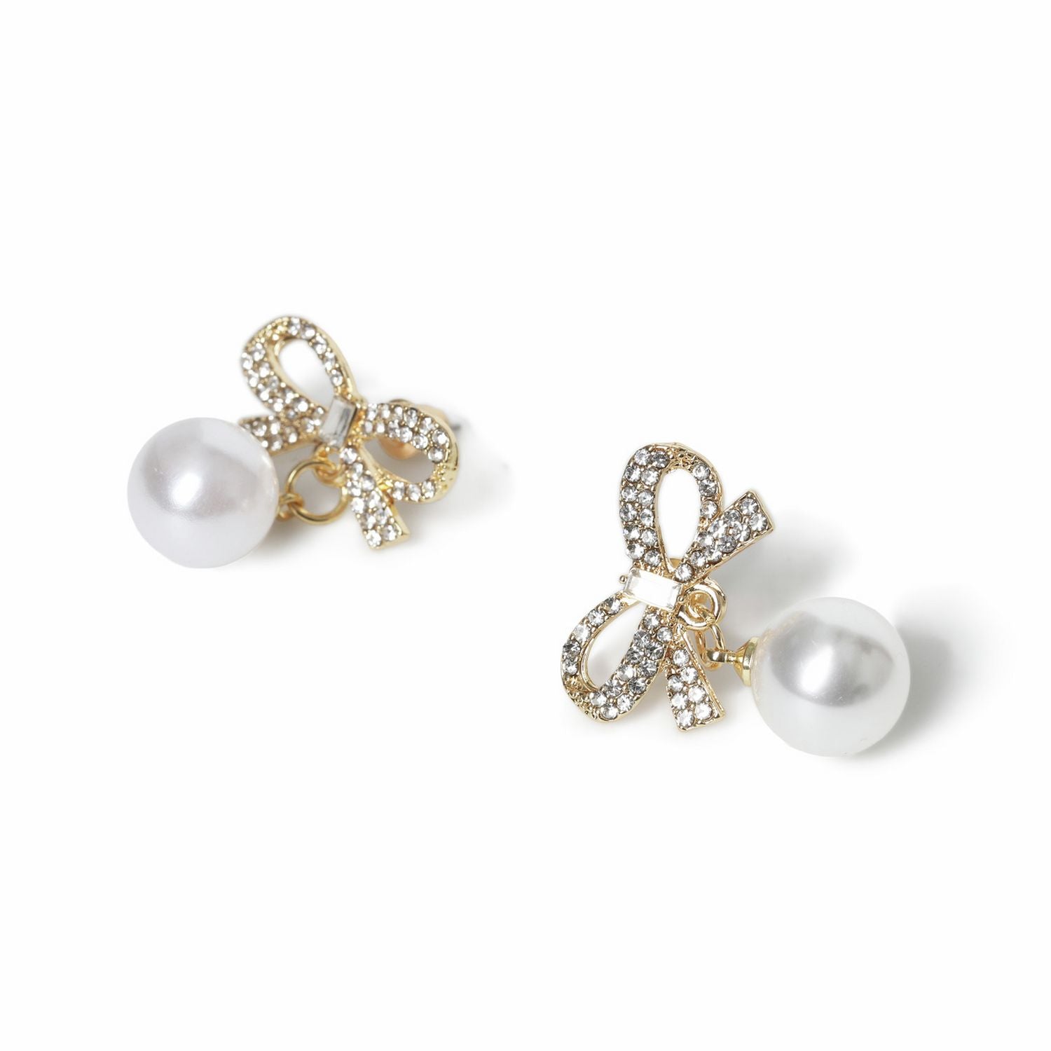 Freedom gold tone crystal bow pearl drop earrings, imported from the UK