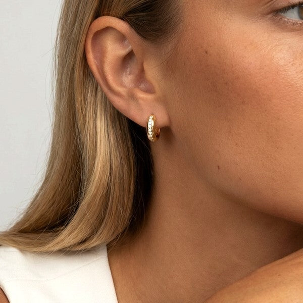 MUCHV gold huggie hoop earrings with cubic zirconia stones, UK version