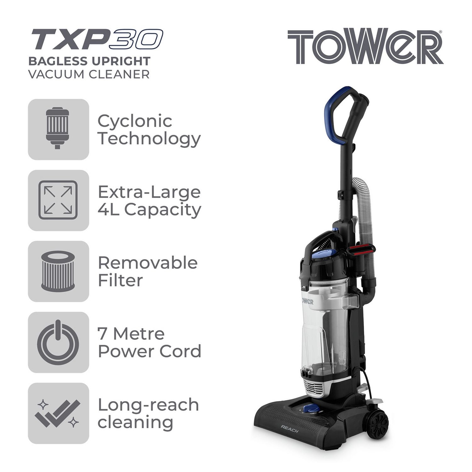 Tower corded bagless upright vacuum cleaner 4L, UK version