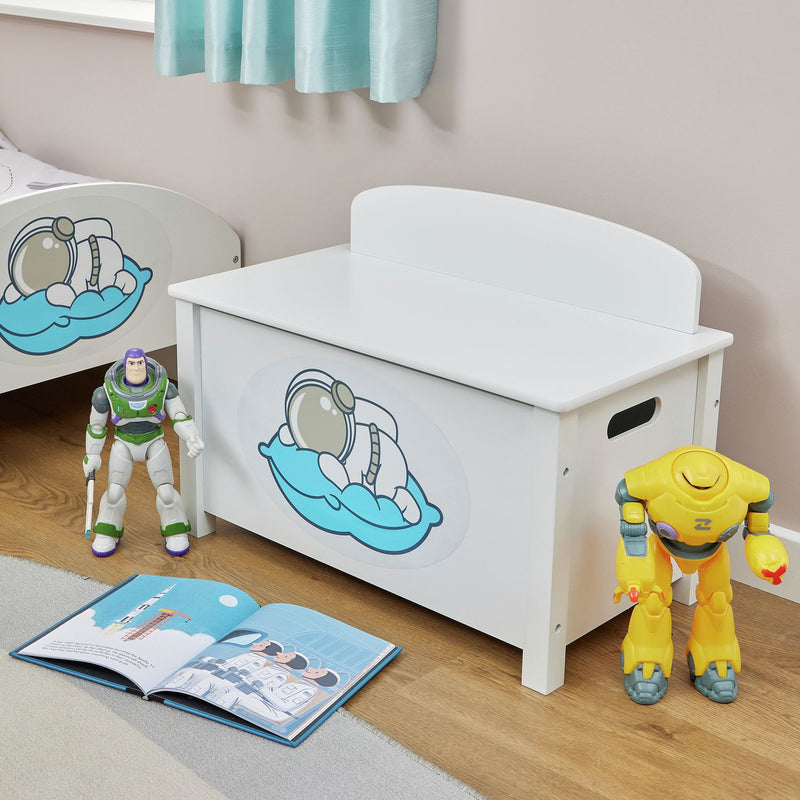 Liberty House Toys white wooden toy box with space decal, UK version