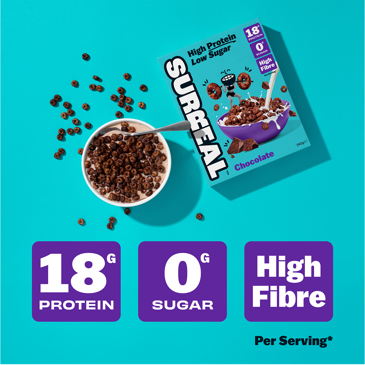 Surreal high protein cereal cocoa 240g, imported from the UK