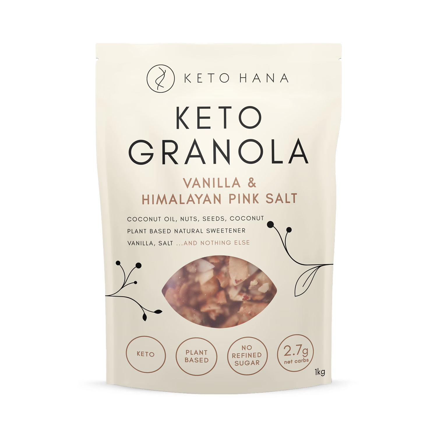Keto Hana granola Vanilla & Pink Himalayan 1kg, UK version