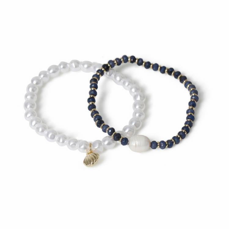 Freedom pearl and blue bead stretch bracelet set, imported from the UK